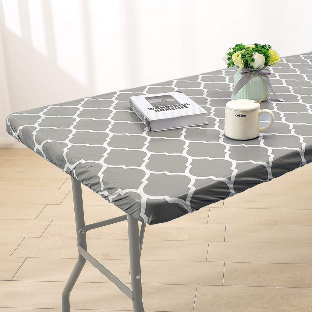 Vinyl Fitted Tablecloth For 6 Ft Rectangle Table, Gray Moroccan Design, Waterproof Elastic Table Cover With Flannel Backed Lining, Fits 30'X72' Folding Table, For Outdoor Picnics/Travel/Holiday/Party