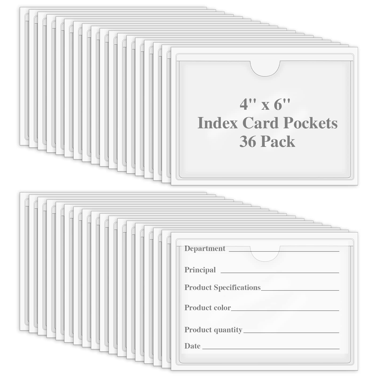 36 Pack Adhesive 4' X 6' Index Card Pockets With Top Open For Loading, Clear Plastic Labels Holders For Organizing, Storage Bi