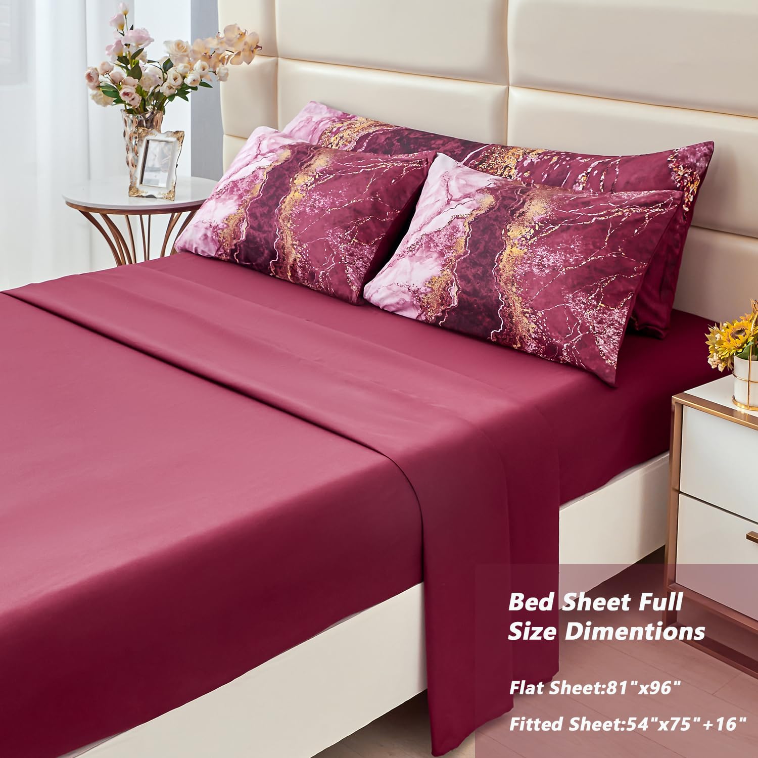 Perfemet 6 Pcs Full Comforter Sets Burgundy Watercolor Marble Bed In A Bag Comforter Set Soft Lightweight Dark Red And Gold Bedd