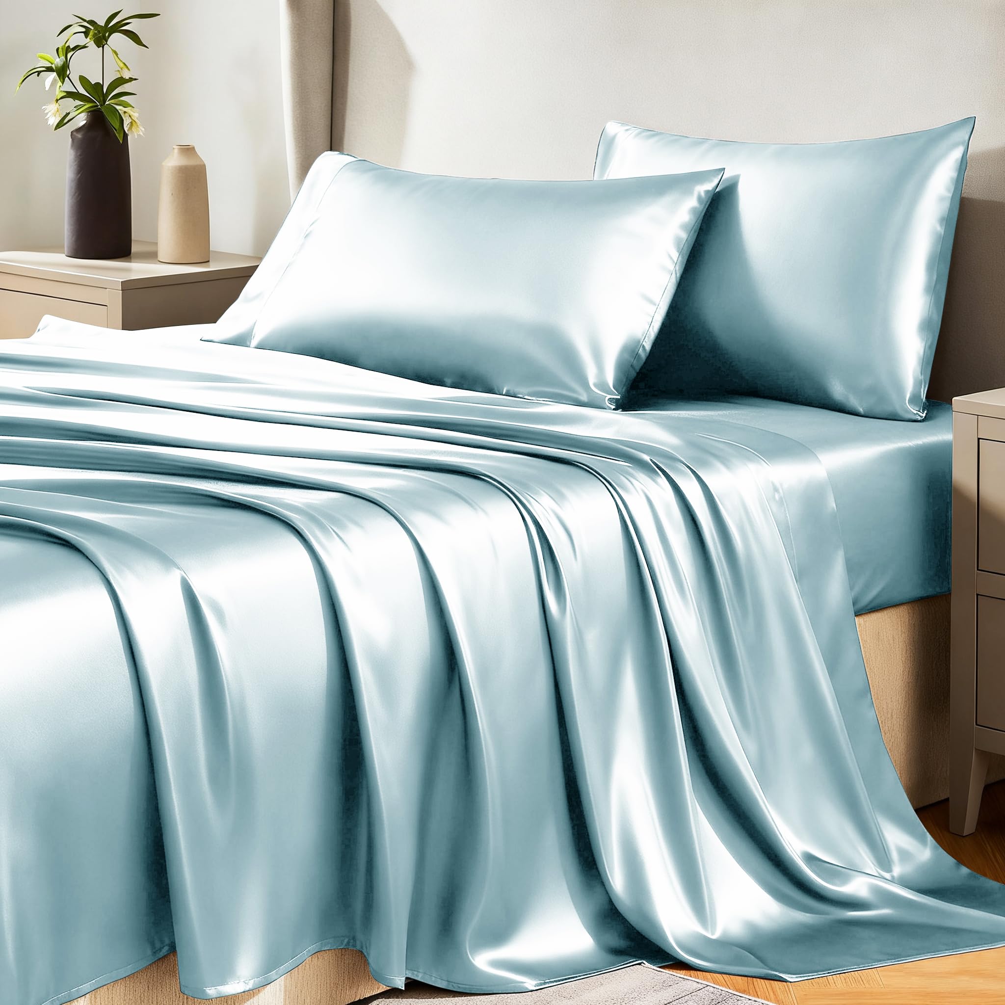 Cozylux Satin Sheets Full Size - 4 Piece Light Blue Bed Sheet Set With Silky Microfiber, 1 Deep Pocket Fitted Sheet, 1 Flat Shee
