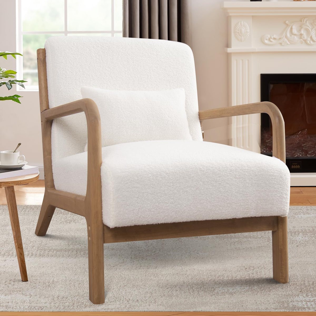 ANJHOME Mid Century Modern Accent Chair, Comfy Lambs Wool Reading Chair with Solid Wood Frame, Easy Assembly Armchair for Living