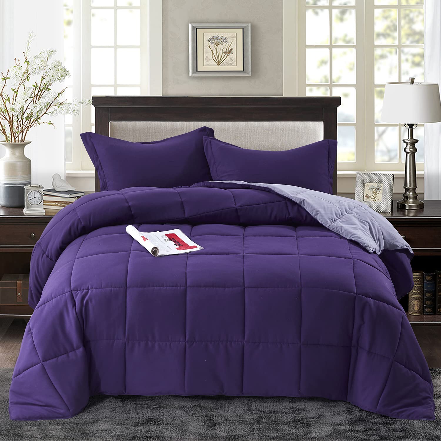 Hig 3 Pieces Purple Oversized Reversible Comforter Set King, Modern Breathable Box Stitched Duvet Insert With 2 Shams, Soft Fluf
