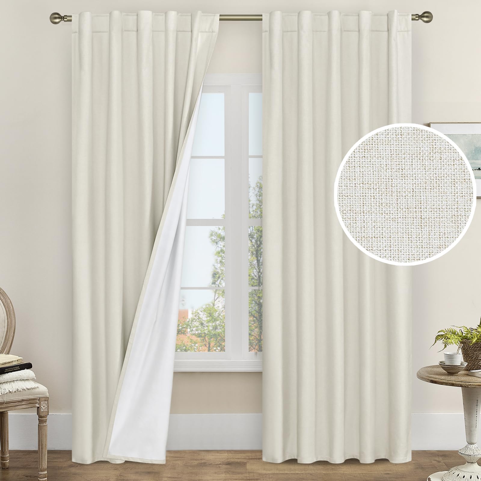 Lamit Ivory 100% Blackout Linen Curtains 84 Inches Long, Linen Textured Living Room Farmhouse Curtains Full Room Darkening Back