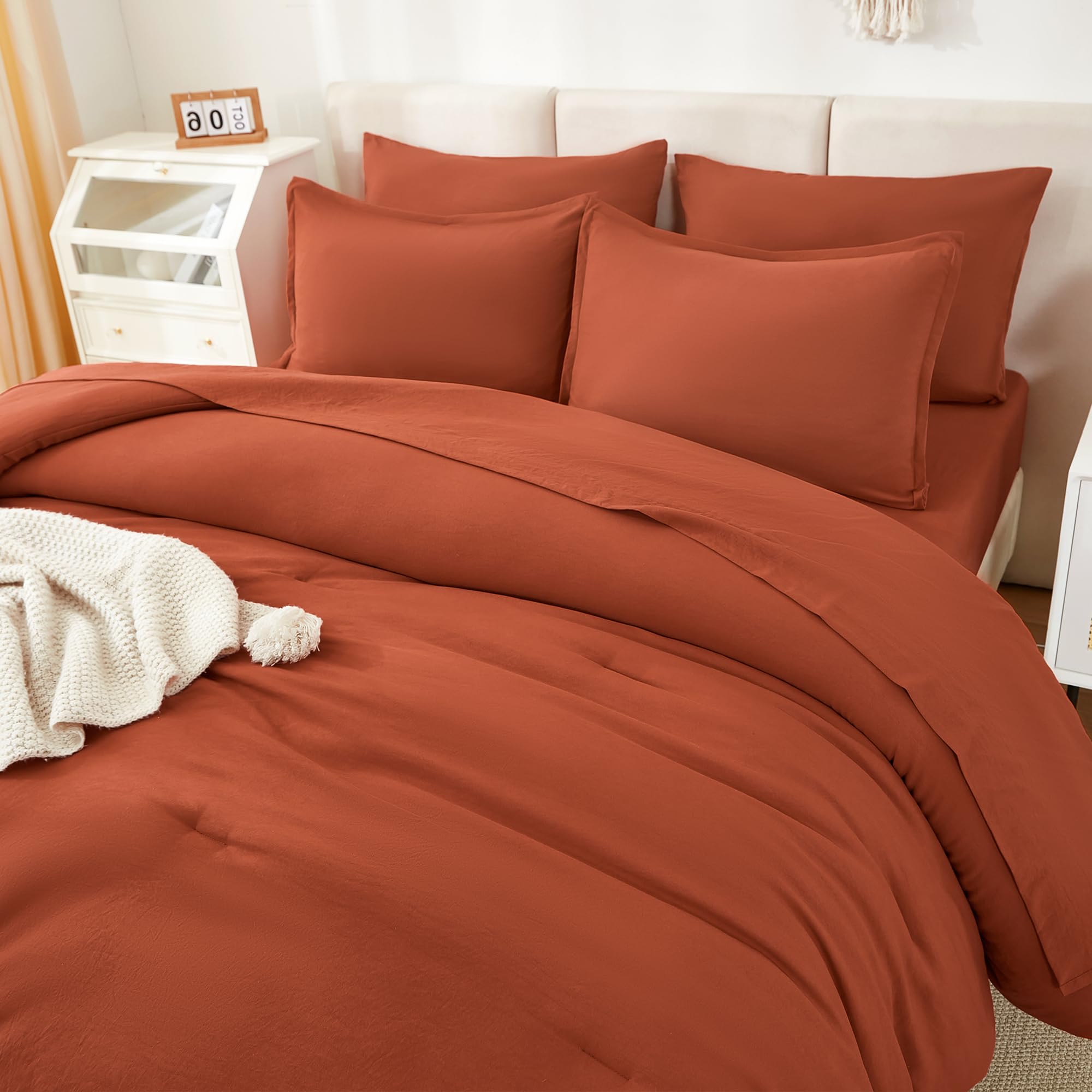 Litanika Burnt Orange Comforter Queen Size Set - 7 Pieces Terracotta Bed In A Bag Queen Beddding Comforter Sets, Plain Lightweig