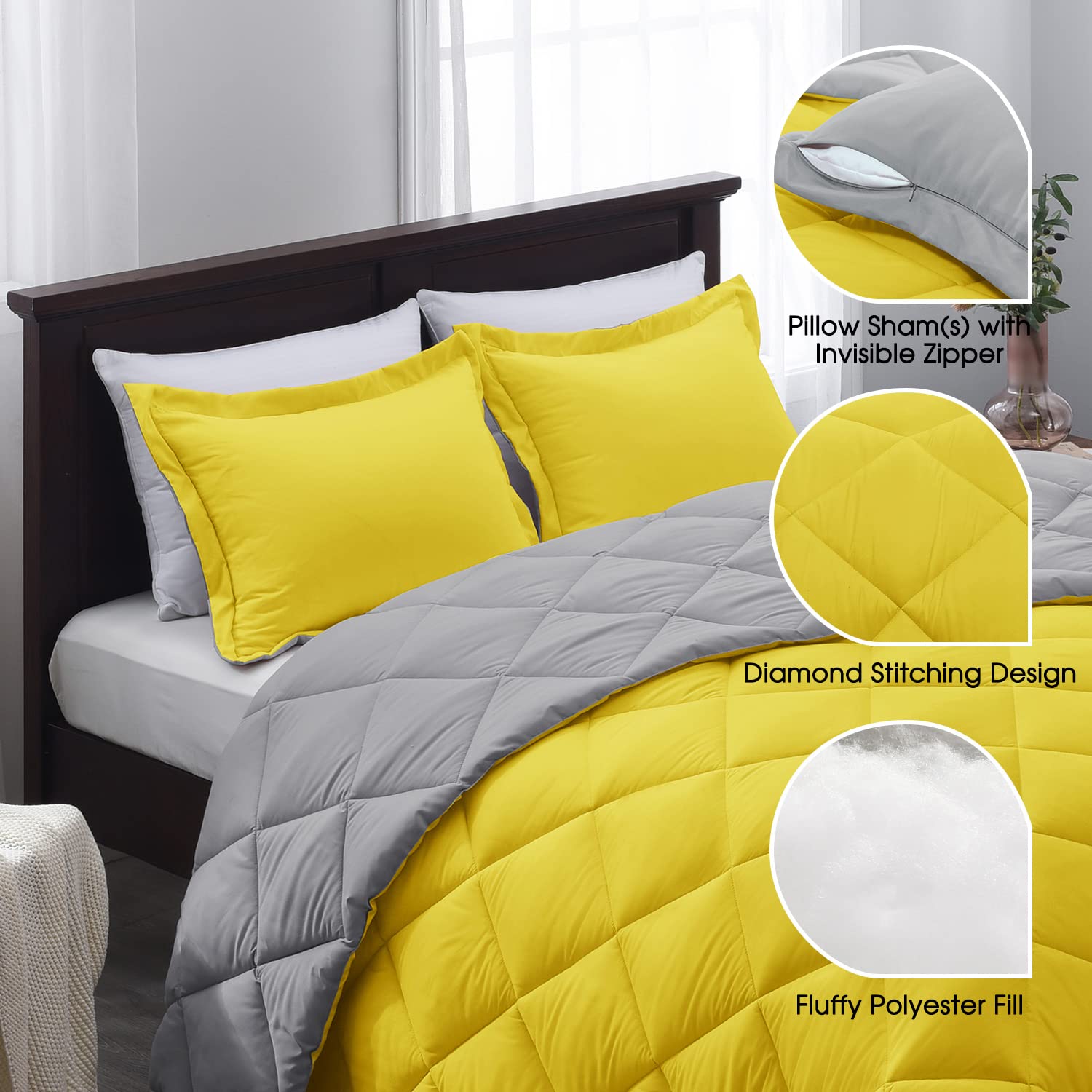 Basic Beyond Twin Comforter Set - Yellow And Gray Comforter Set Twin, Reversible Twin Bed Comforter Set For All Seasons, Yellow/Grey, 1 Comforter (66'X92') And 1 Pillow Sham (20'X26'+2')