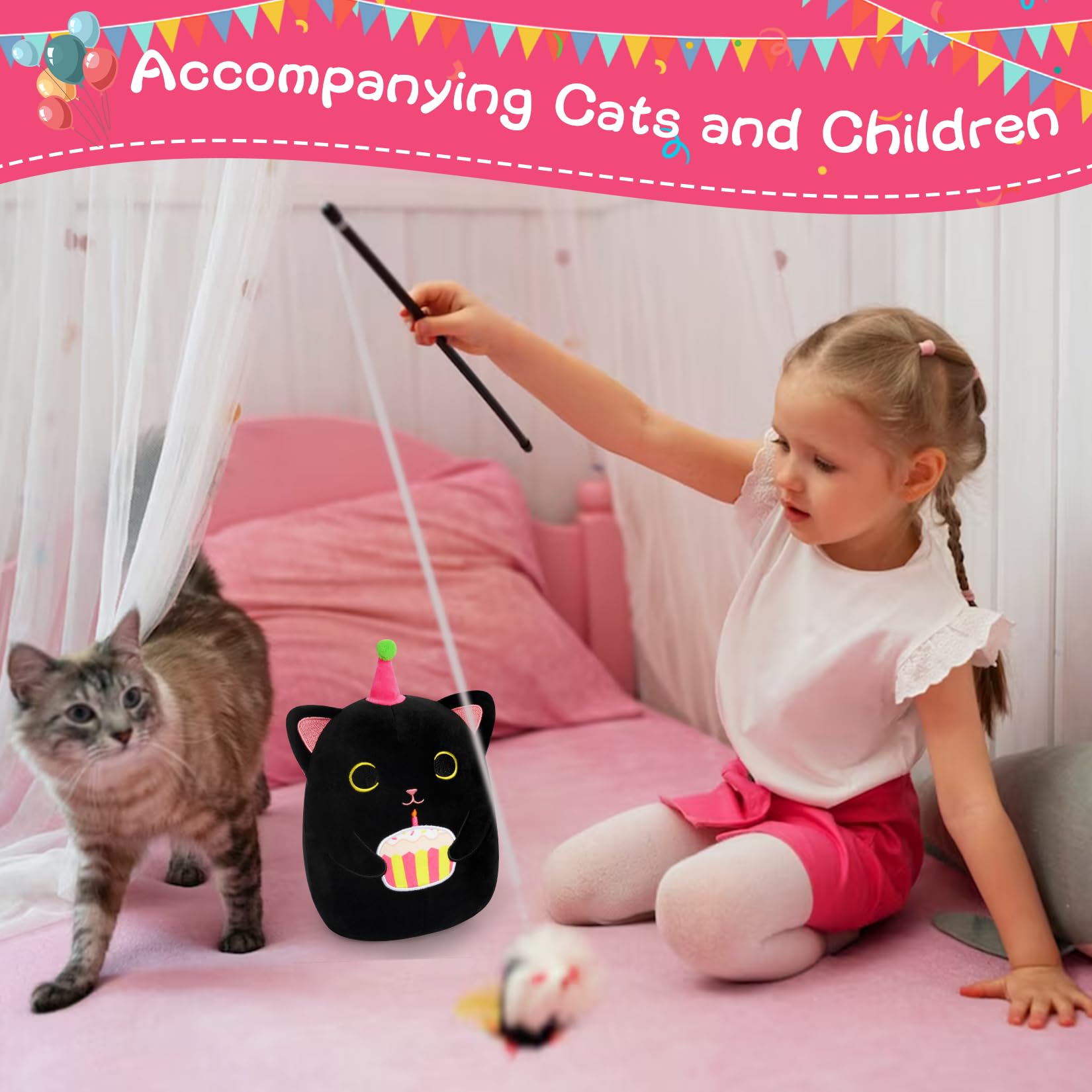 Kophinye Black Cat Plush, 8 Inch Birthday Cat Stuffed Animal Happy Birthday Plush Cute Cat Plush Pillow With Cake, Kawaii Cat Pl