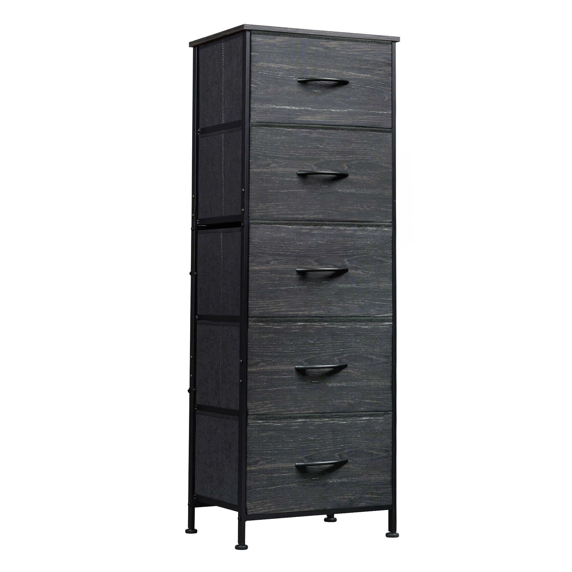 Wlive Fabric Dresser, 5-Drawer Tall Dresser For Bedroom, Storage Dresser Organizer With Fabric Bins, Wood Top, Sturdy Steel Frame, Chest Of Drawers For Closet, Hallway, Charcoal Black Wood Grain Print
