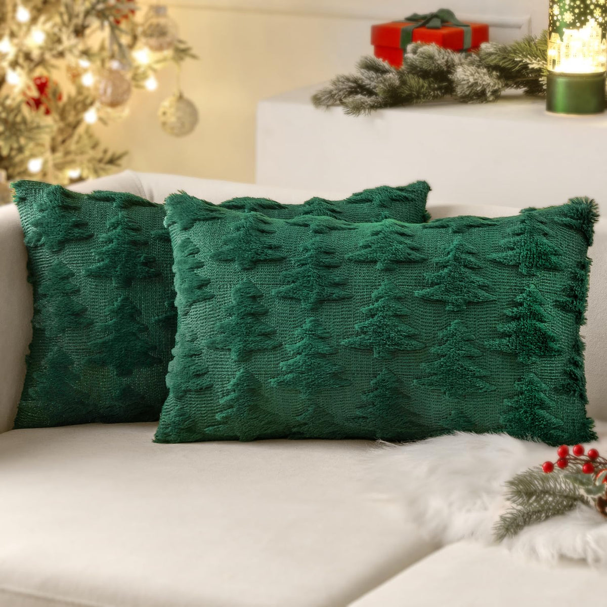 Miulee Dark Green Throw Pillow Covers Christmas Tree Decorative Pillow Covers 12X20 Inch Soft Plush Faux Wool Pillow Covers Set