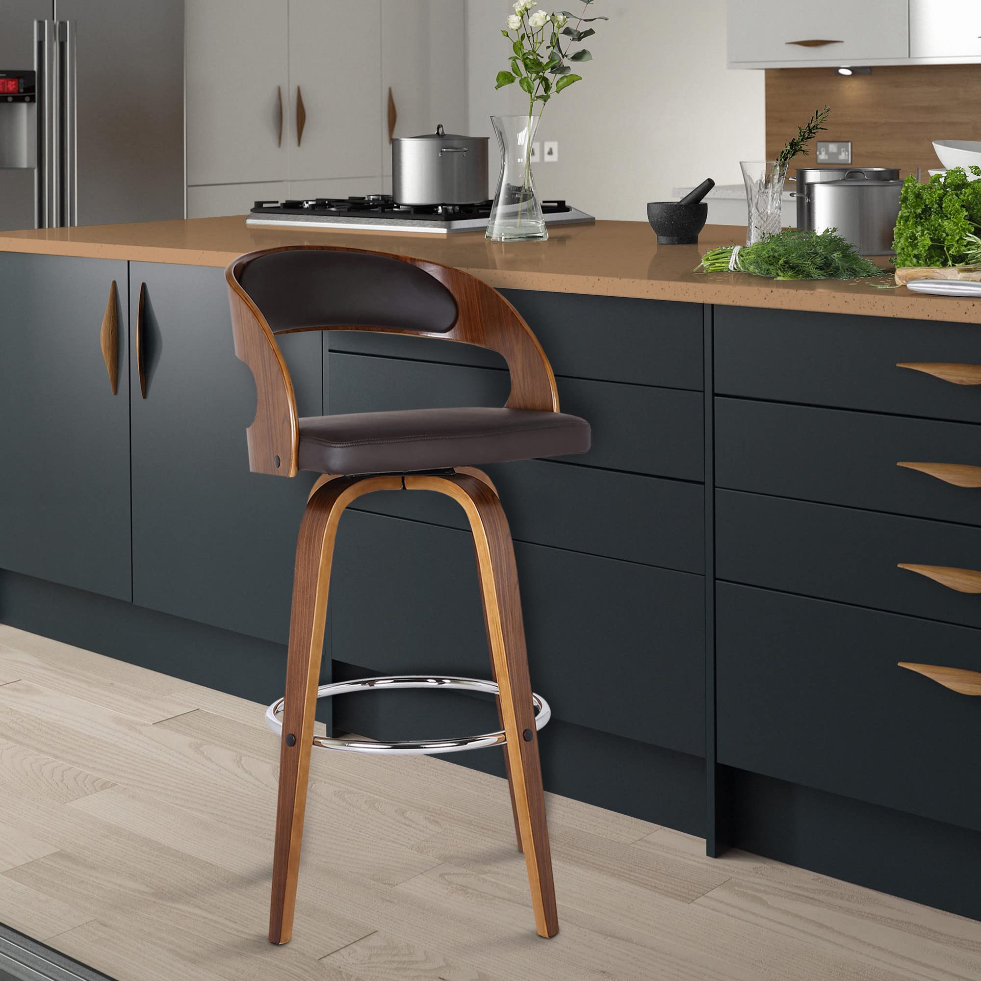 HomeRoots Wood, Faux Leather/Leatherette Brown Faux Leather Modern Walnut Wooden Bar Stool