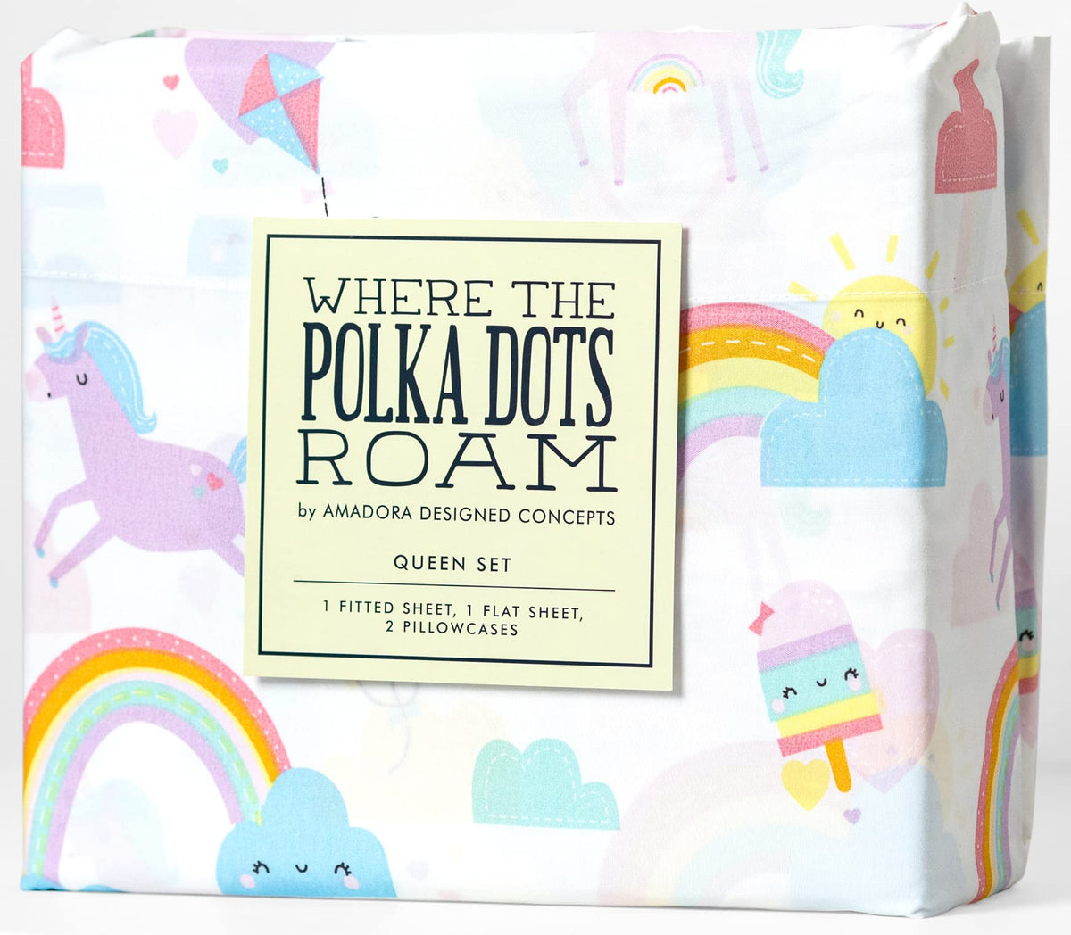Where The Polka Dots Roam Rainbow And Unicorn 4 Pieces Full Bed Sheet Set |Super Soft Premium Bedding For Kids Room D  Cor, Bedd