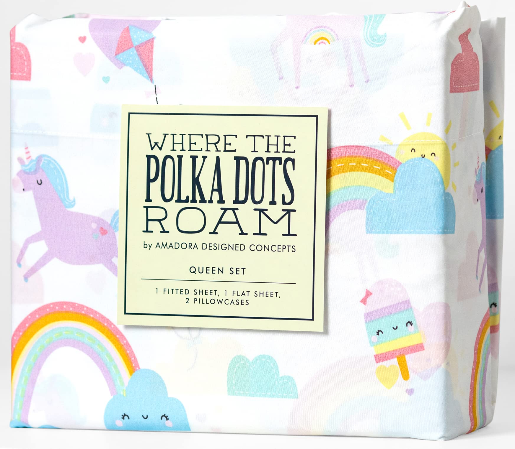 Where The Polka Dots Roam Rainbow And Unicorn 4 Pieces Full Bed Sheet Set |Super Soft Premium Bedding For Kids Room D  Cor, Bedd
