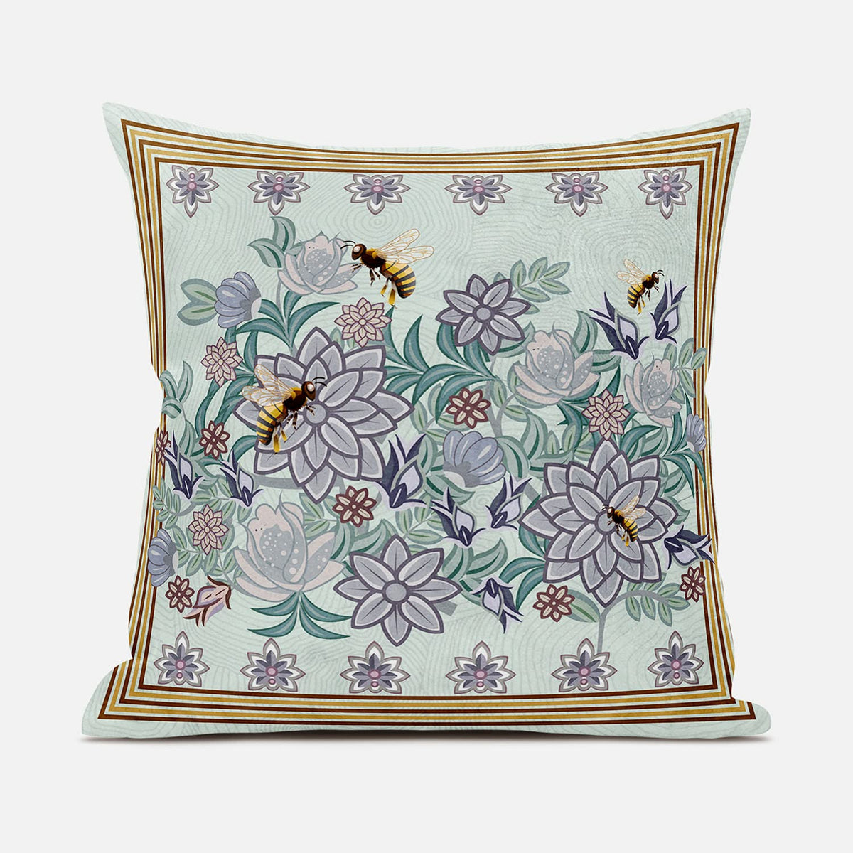 HomeRoots 26x26 Light Green Purple Brown Bee Blown Seam Broadcloth Animal Print Throw Pillow