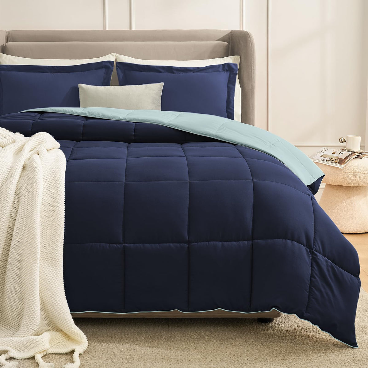 Homelike Moment California King Comforter Set Navy, Lightweight Reversible Cal King Comforter Set Soft Down Alternative Bedding