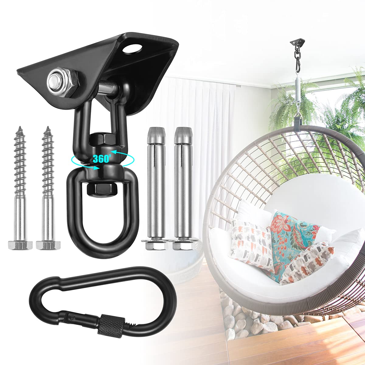 Yose Hammock Hanging Kit,360Arotating 1200 Lb Capacity Heavy Duty,Hanger  Swing Hook Snap For Concrete Wood,Hammock,Veranda Seat