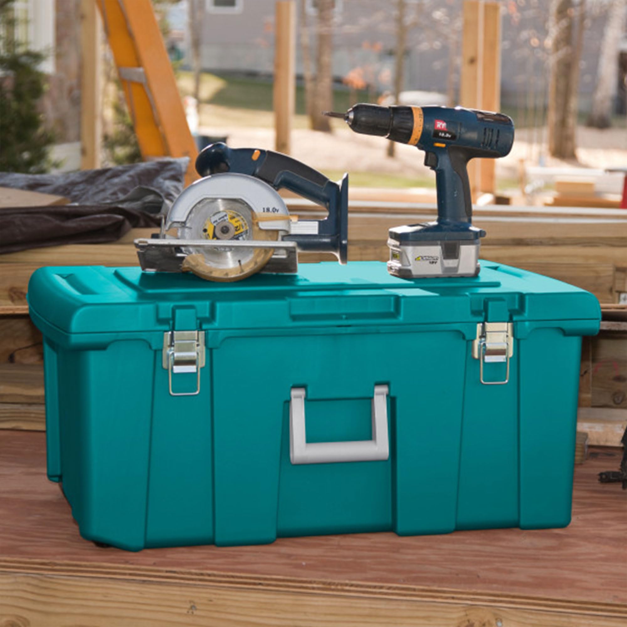 Sterilite 16 Gallon Lockable Storage Tote Footlocker Toolbox Container Box With Wheels, Metal Handles, And Latches, Teal With Gr