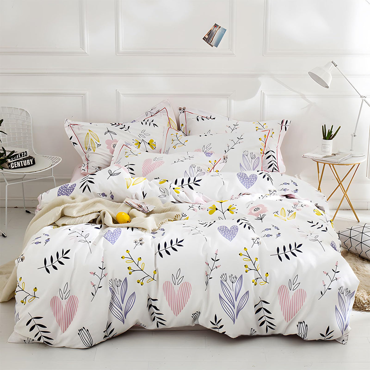 Eavd Floral Comforter Set Queen White Pink Floral Bedding Set Soft Microfiber Floral Love Print Comforter With 2 Pillowcases Gar
