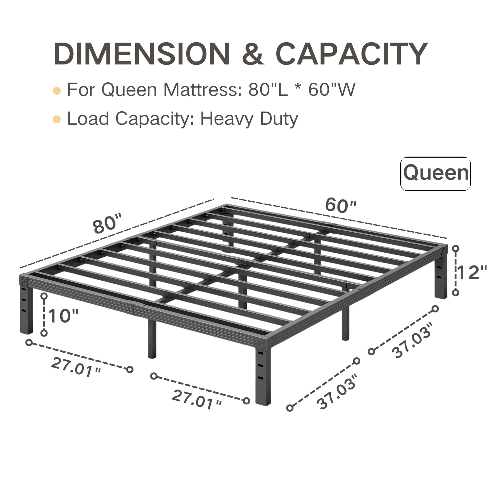 Comasach Queen Bed Frame Heavy Duty,12' High Black Metal Platform Bed Frame,Sturdy Steel Frame,No Box Spring Needed,Noise-Free,Easy Assembly