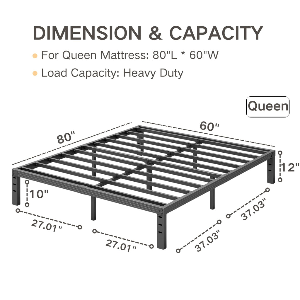 Comasach Queen Bed Frame Heavy Duty,12' High Black Metal Platform Bed Frame,Sturdy Steel Frame,No Box Spring Needed,Noise-Free,Easy Assembly