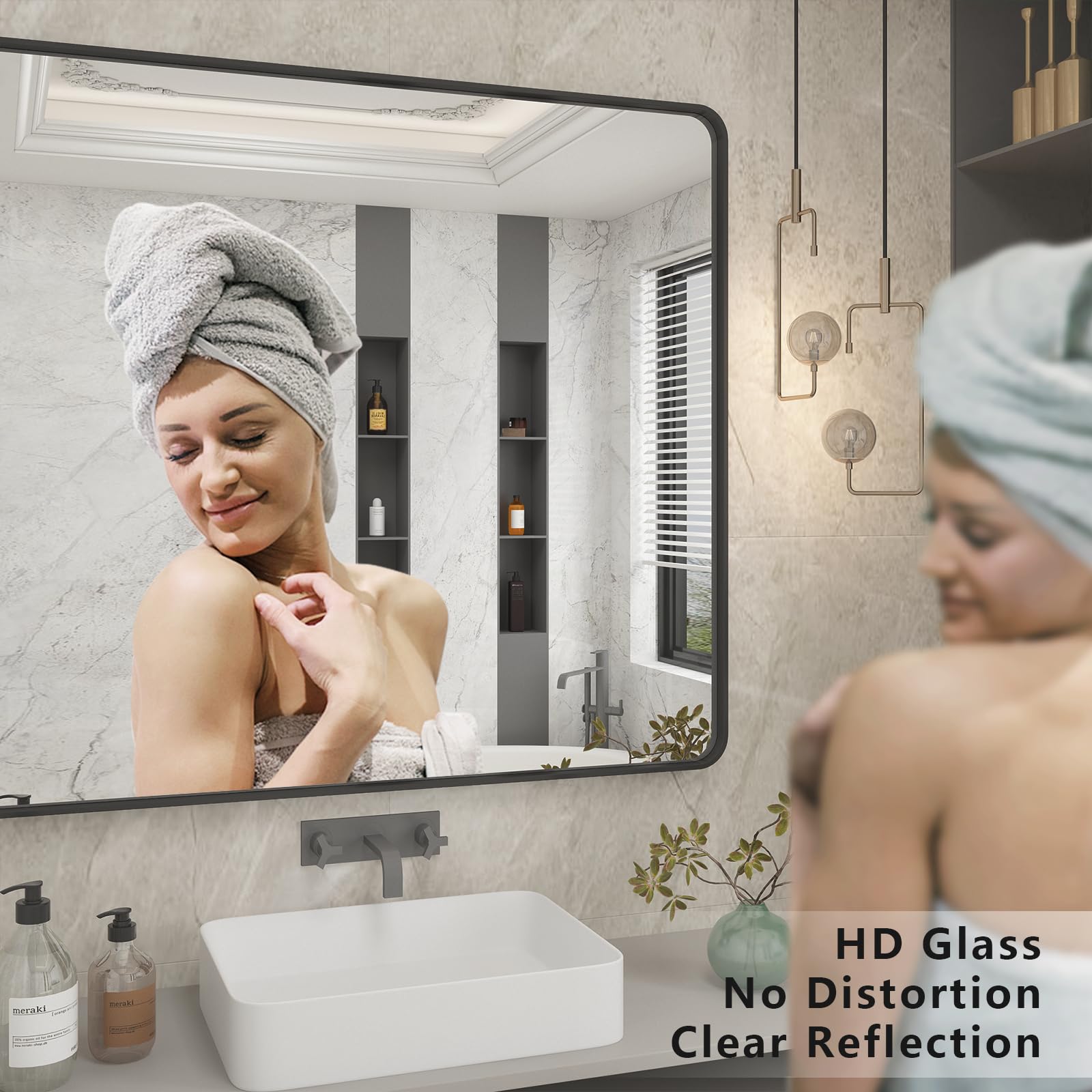 Charmor 60X40 Inch Black Metal Framed Bathroom Mirror For Wall, Large Rounded Rectangle Mirror, Matte Black Bathroom Vanity Mirr