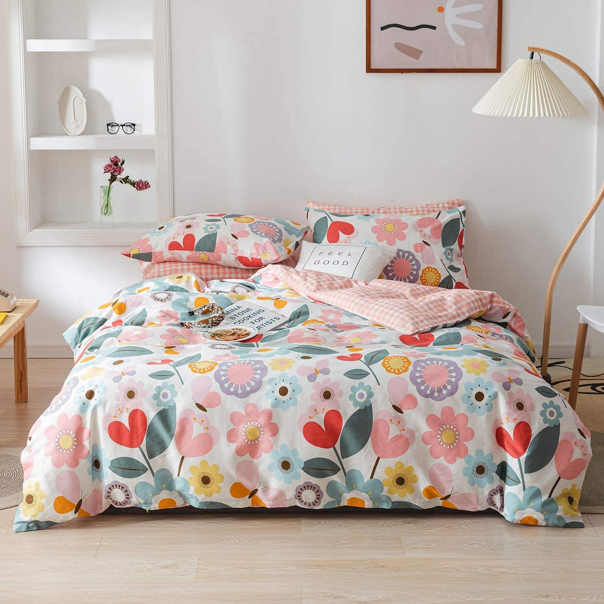 Jane Yre Floral Duvet Cover Twin, 100% Cotton 3 Pcs Bedding Set, Fresh Garden Style Yellow/Red Flower Print, With Zipper Ties, L