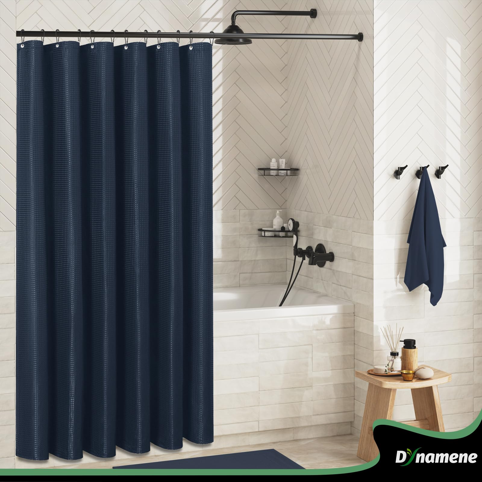 Dynamene Navy Blue Fabric Shower Curtain, Waffle Weave Textured Cloth Shower Curtains For Bathroom, Modern Hotel Luxury Shower C