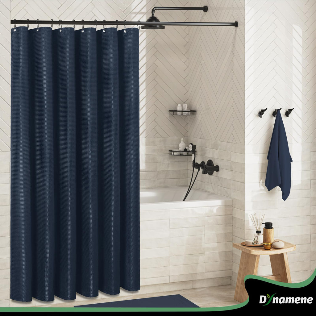 Dynamene Navy Blue Fabric Shower Curtain, Waffle Weave Textured Cloth Shower Curtains For Bathroom, Modern Hotel Luxury Shower C
