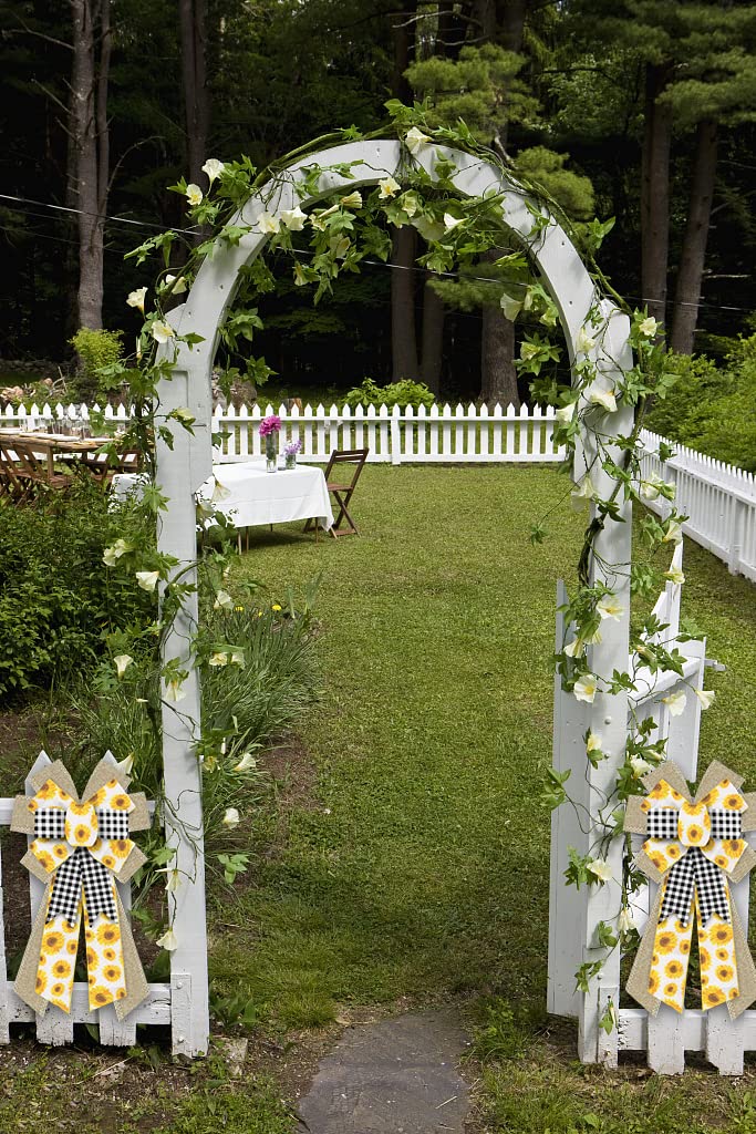 Large Spring Wreath Bows Spring Sunflowers White Black Plaid Burlap Bows For Wreaths, Brown Linen Ribbon Bows Tree Topper Bows F