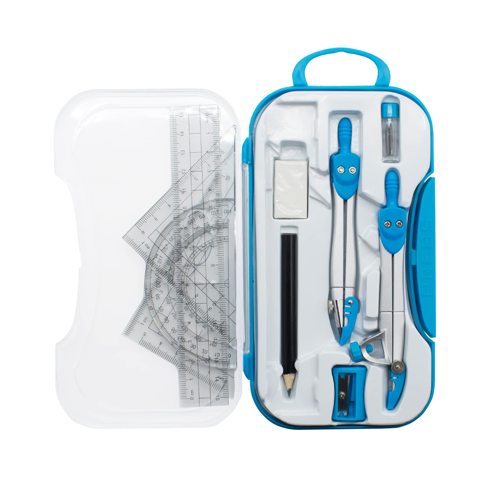 Pdctacst Geometry Set 10 Pcs Student Supplies With Storage Box, Includes 3 Pcs Rulers, 2 Types Compasses, Protractor, Pencil, Pe