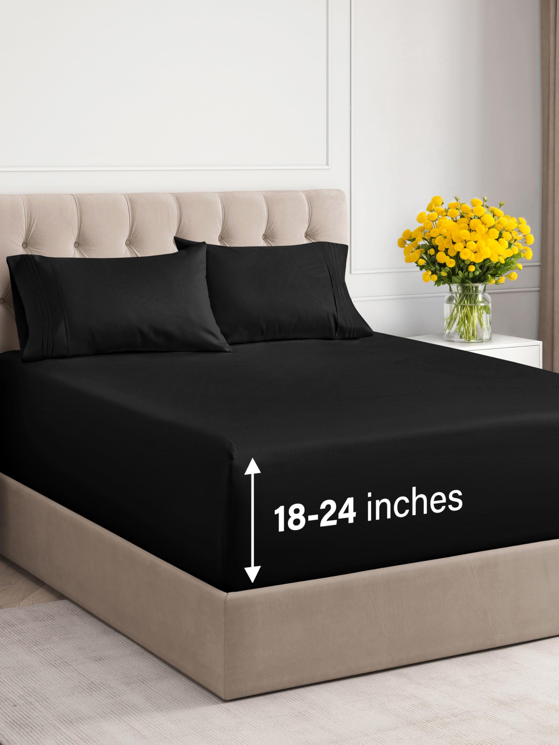 Extra Deep Pocket King Sheets - 4 Piece Breathable & Cooling Bed Sheets - Hotel Luxury Bed Sheet Set - Soft, Wrinkle Free & Comfy - Easily Fits Extra Deep Mattresses - Deep Pocket Black Sheets Set