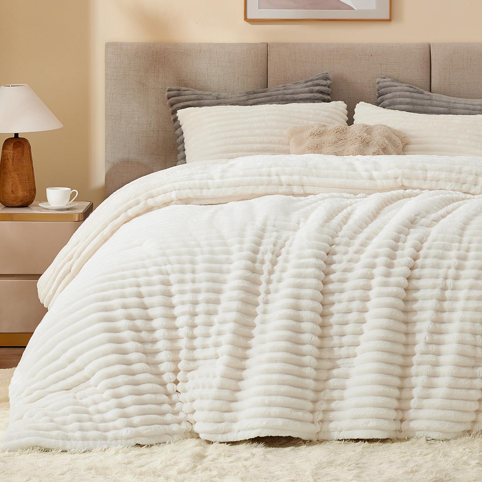 Bedelite Fleece Full Comforter Set -Super Soft & Warm Fluffy White Bedding, Luxury Fuzzy Heavy Bed Set For Winter With 2 Pillow