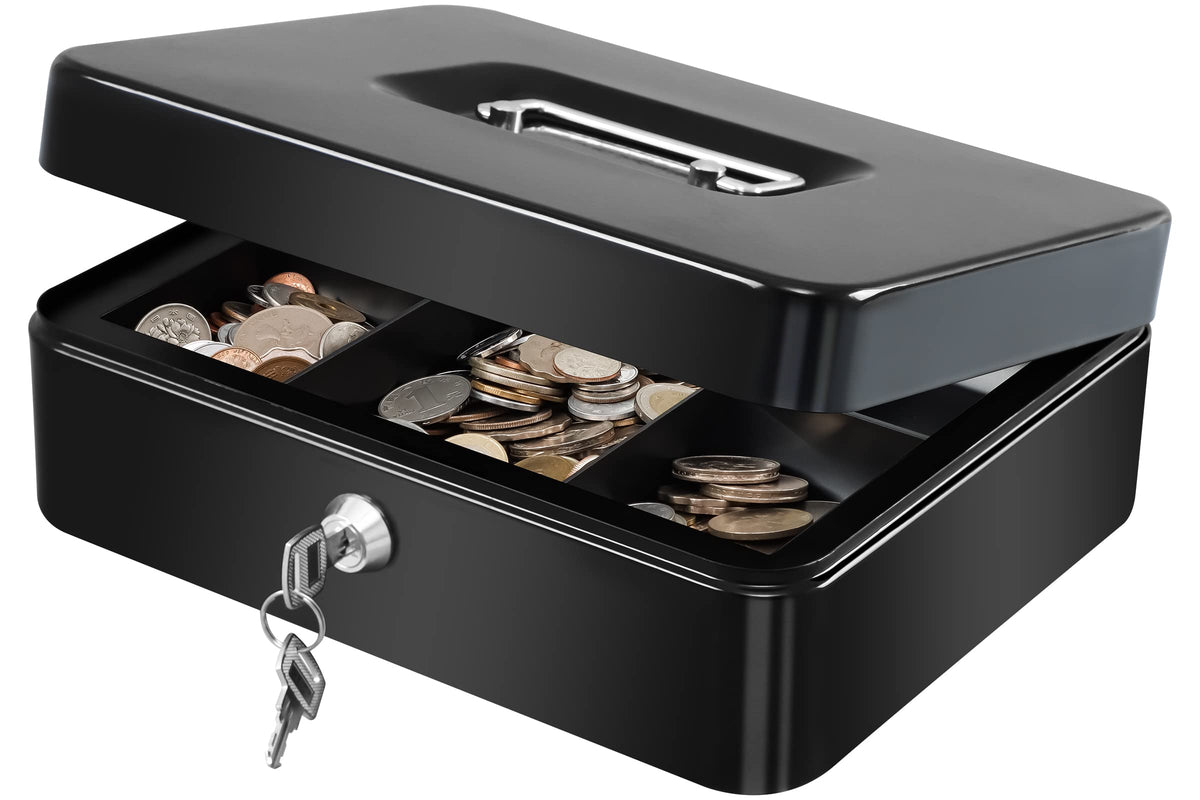 Kyodoled Large Metal Cash Box With Money Tray And Lock,Money Box With Cash Tray,Cash Drawer,9.84'X 7.87'X 3.54' Black Large