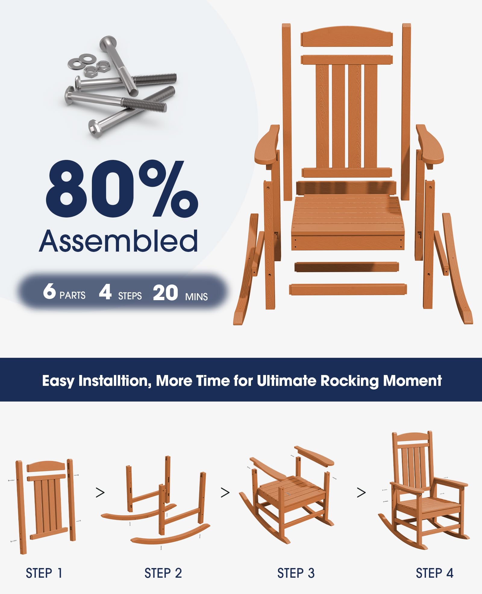 Kingyes Outdoor Rocking Chairs, Weather Resistant Patio Rocking Chairs High Back Porch Rocker For Adult, Orange