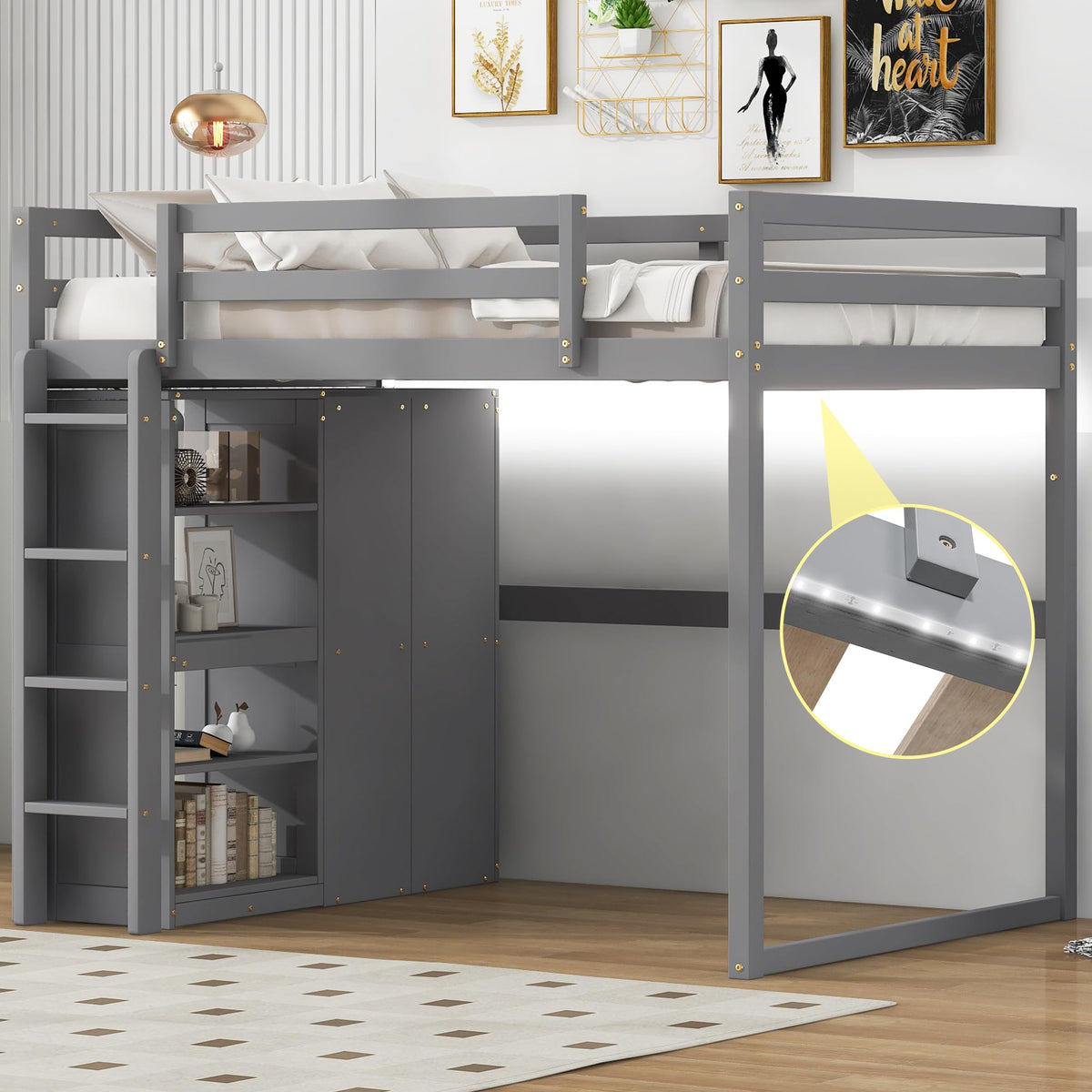Ball & Cast Full Size Loft Bed with Led Light,Sturdy Wood Bedframe W/Storage Shelves & Builtin Wardrobe,Modern Design,Saving Sp