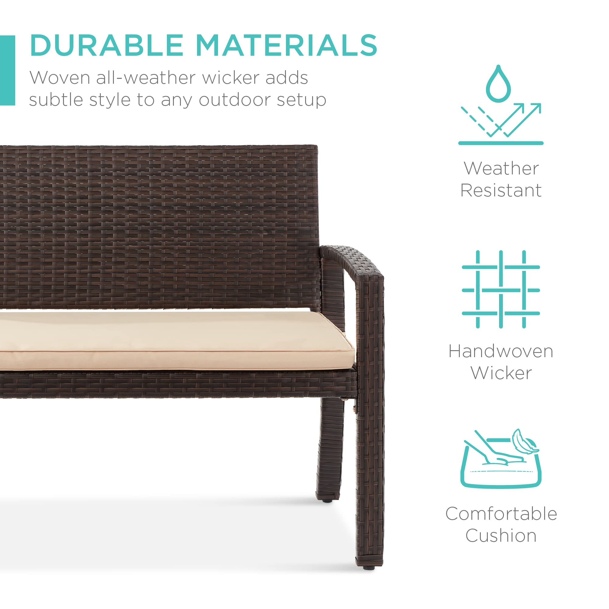 Best Choice Products Outdoor Bench 2-Person Wicker Garden Patio Benches Seating Furniture For Backyard, Porch W/Seat Cushion, 700Lb Capacity - Brown/Tan