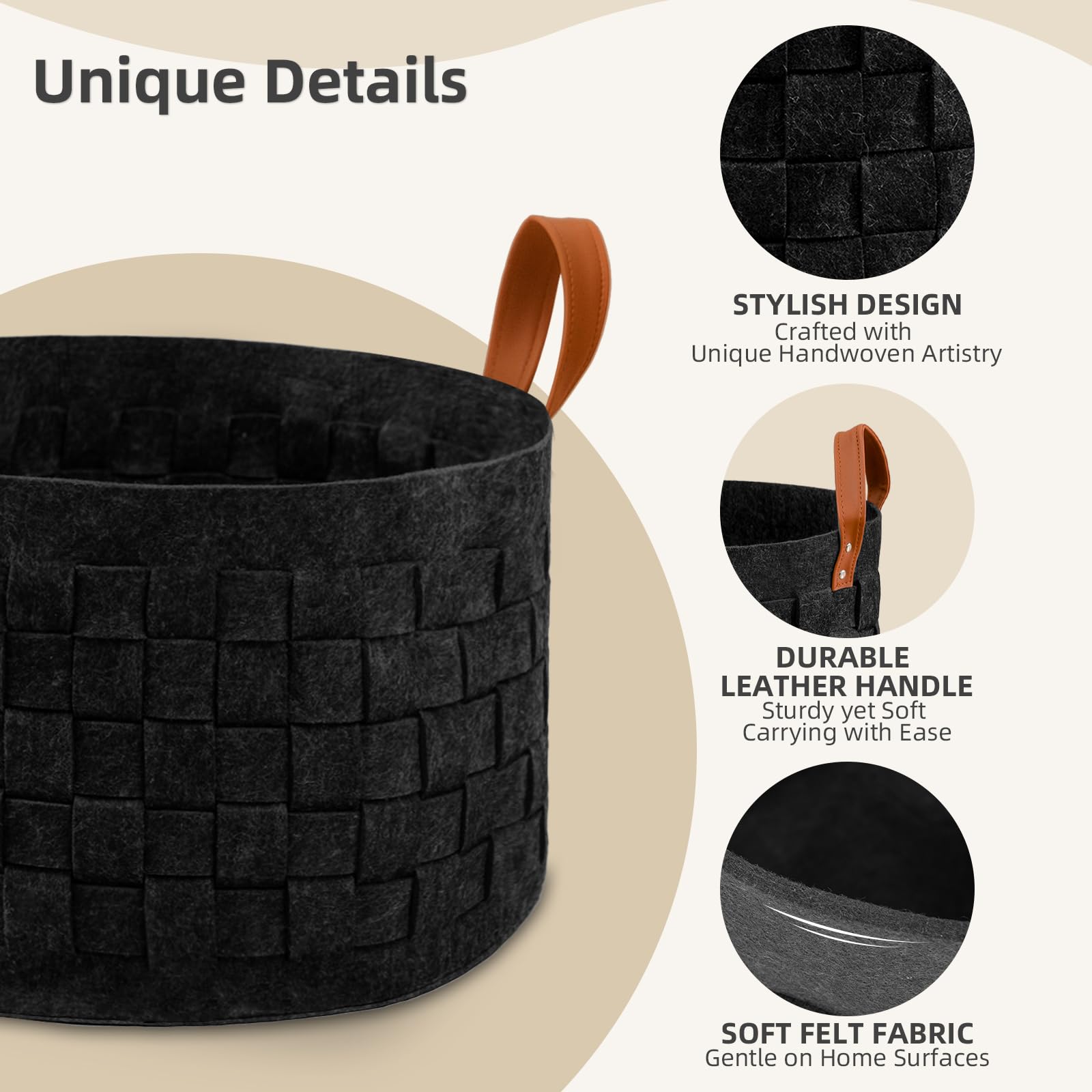 Boldmonkey Laundry Basket 20' X20 X11.8, Large Round Blanket Basket With Leather Handle, Felt Storage Basket For Living Room, N