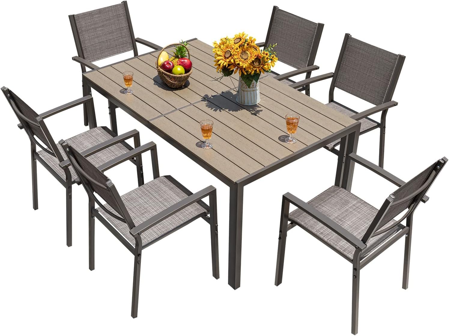Homall Patio Dining Set 7 Pieces Outdoor Furniture Table And 6 Textilene Chairs, Light Grey