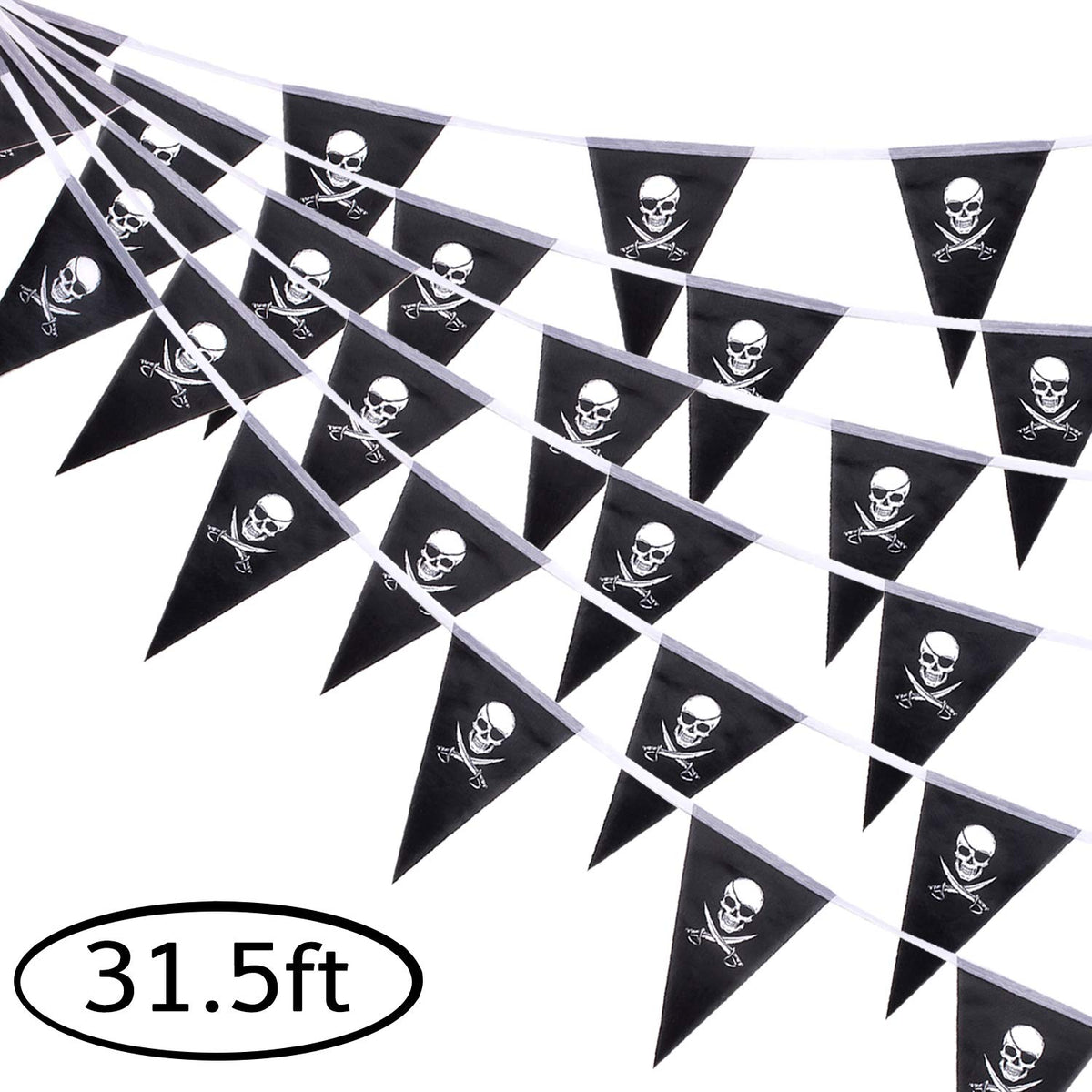 Whaline 31.5Ft Halloween Jolly Roger Banner, Skull Pirate Flags 30Pcs Triangle Flags Bunting For Halloween Party Pirate Party An