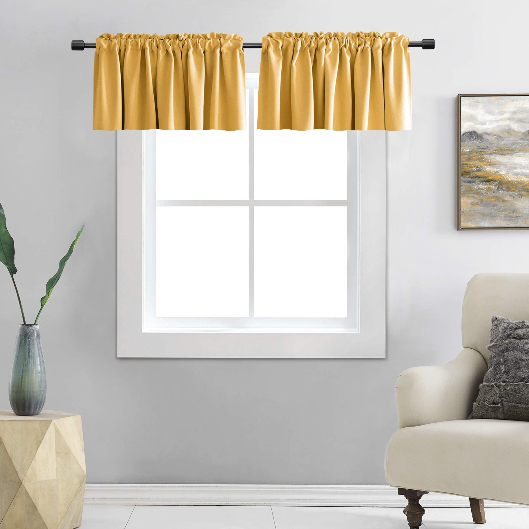 DONREN Gold Yellow Curtain Valances for Living Room - Blackout Rod Pocket Valances for Small Window (42 by 18 Inch,2 Panels)