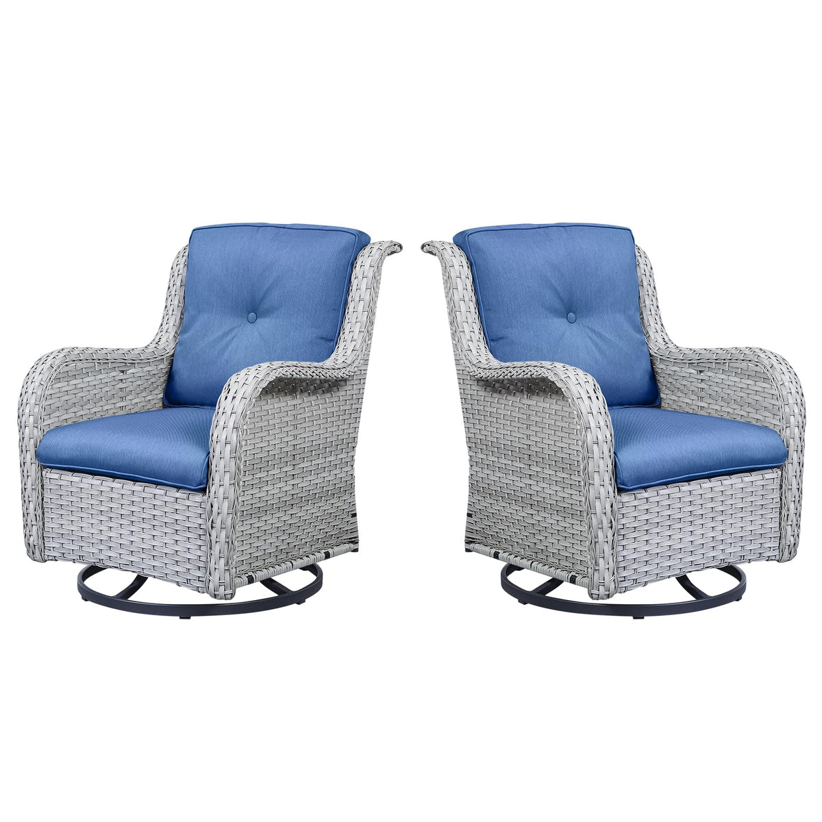 Belord Outdoor Swivel Rcoker Patio Chairs-Outdoor Chairs Set Of 2 Wicker Chair Furniture Sets With Covered Cushion For Porch Deck Balcony Garden,Light Grey Wicker / Blue Cushion(A071-2)