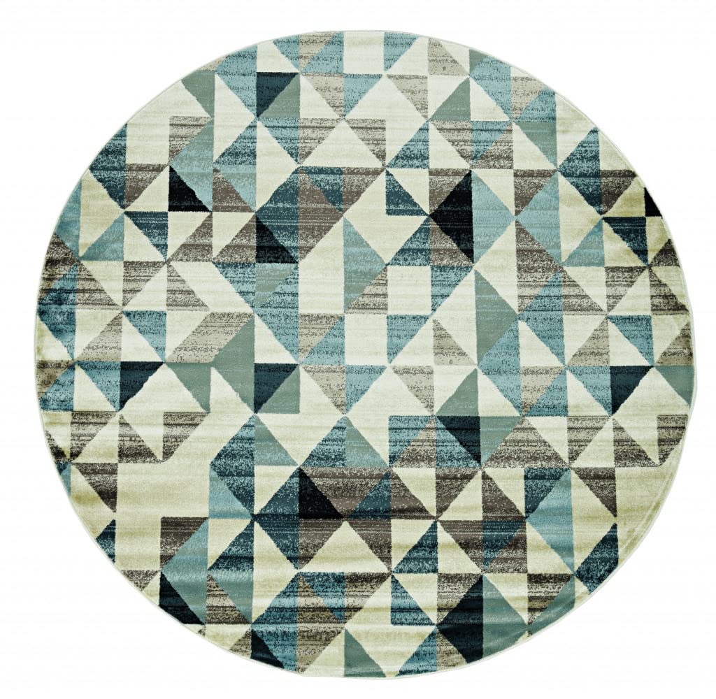 Homeroots Heat-Set Polypropelene 8™ Round Blue Beige Nested Diamonds Modern Area Rug