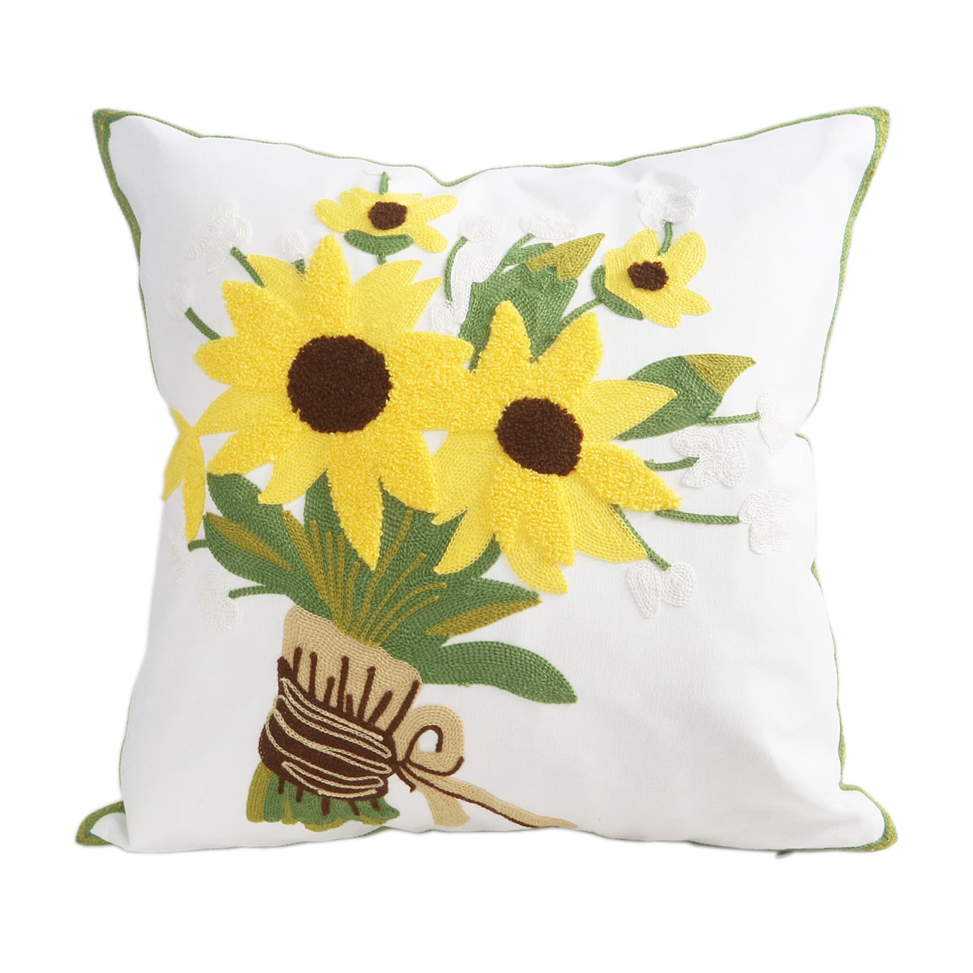 Hodeco Embroidery Throw Pillow Covers Yellow Floral 18x18 Inch Decorative Cushion Case Tied Sunflowers 100% Cotton Home Decor Em