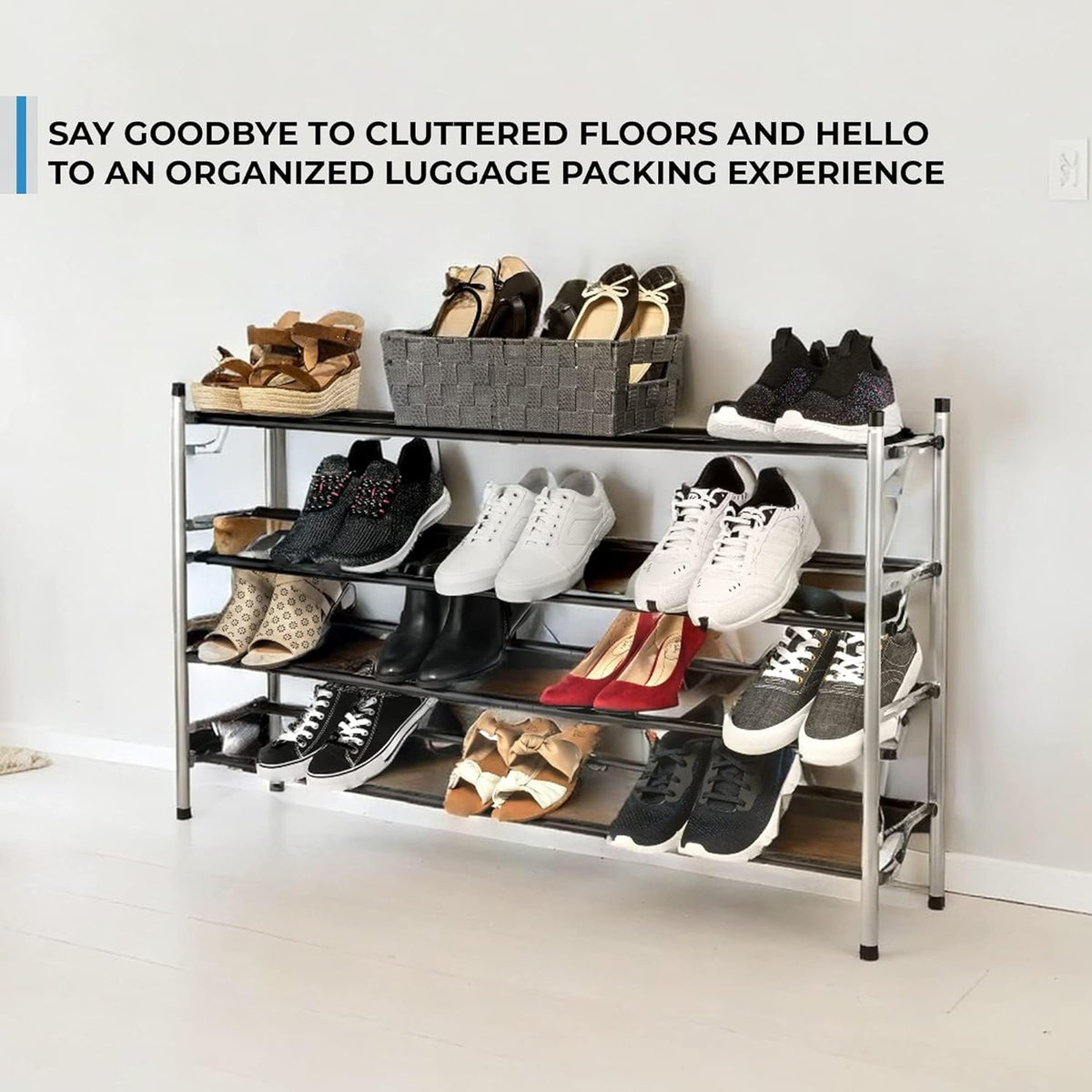 4-Tier Adjustable Freestanding Shoe Rack with Flat or Angled Shelves, Chrome Finish