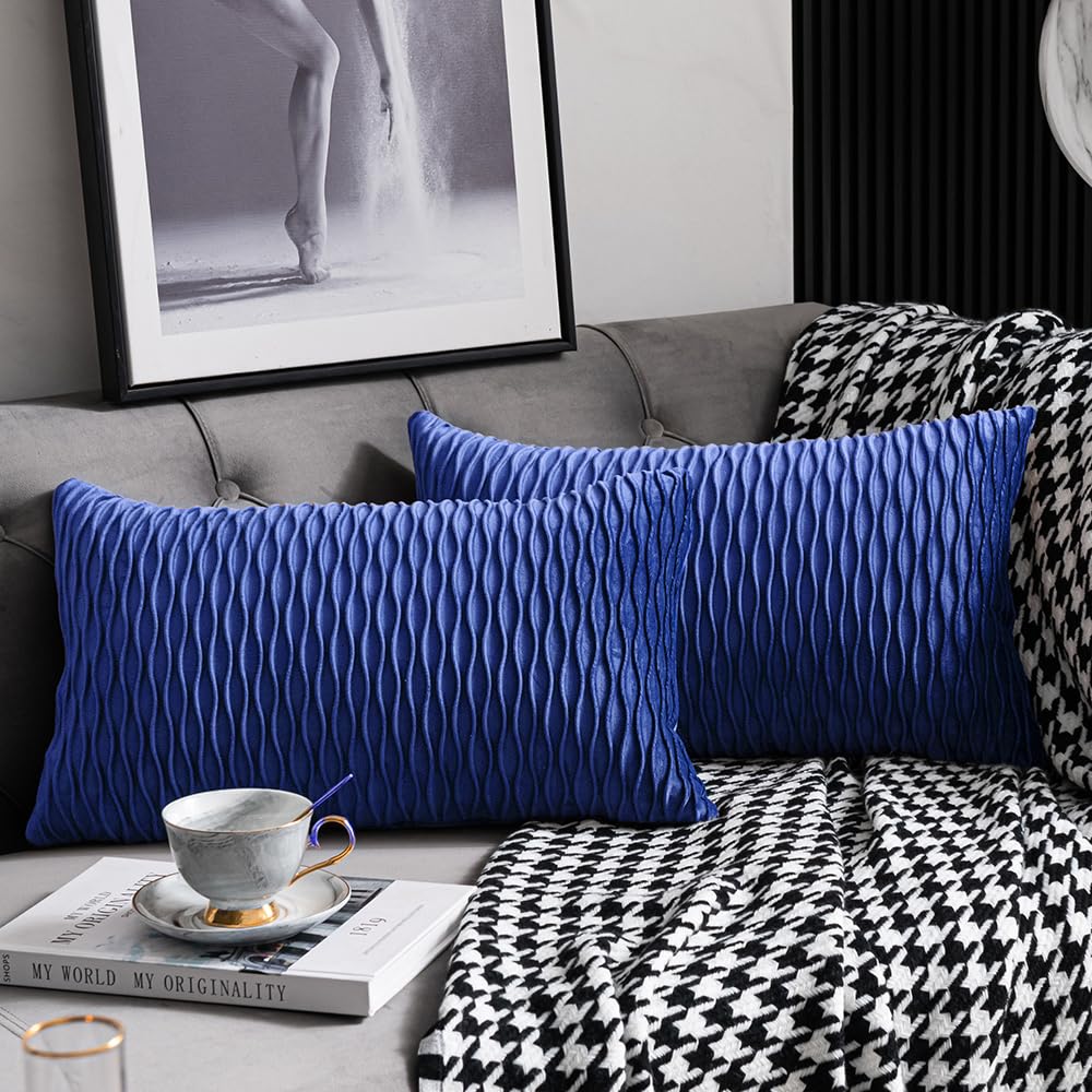 Dezene 12X20 Blue Throw Pillow Covers: 2 Pack Original Striped Velvet Rectangular Decorative Pillow Cases For Farmhouse Couch