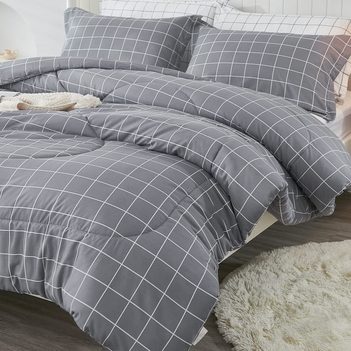 Andency Grey Grid Comforter Set Queen Size (90X90 Inch), 3 Pieces (1 Grey Comforter And 2 Pillowcases), Summer Lightweight Micro