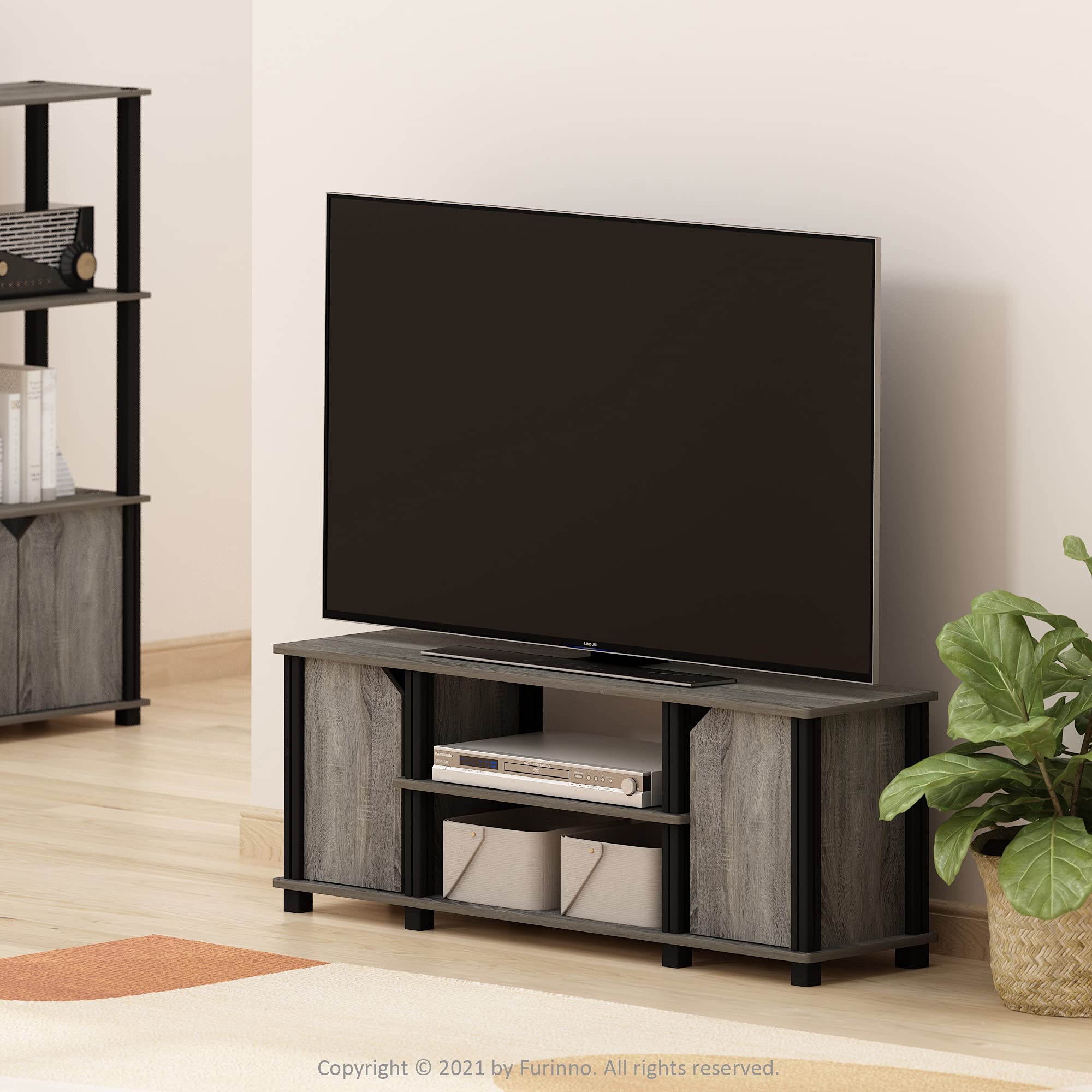 Furinno Brahms TV Stand Entertainment Center with Shelves and Storage for TV Size up to 45 Inch, French Oak/Black