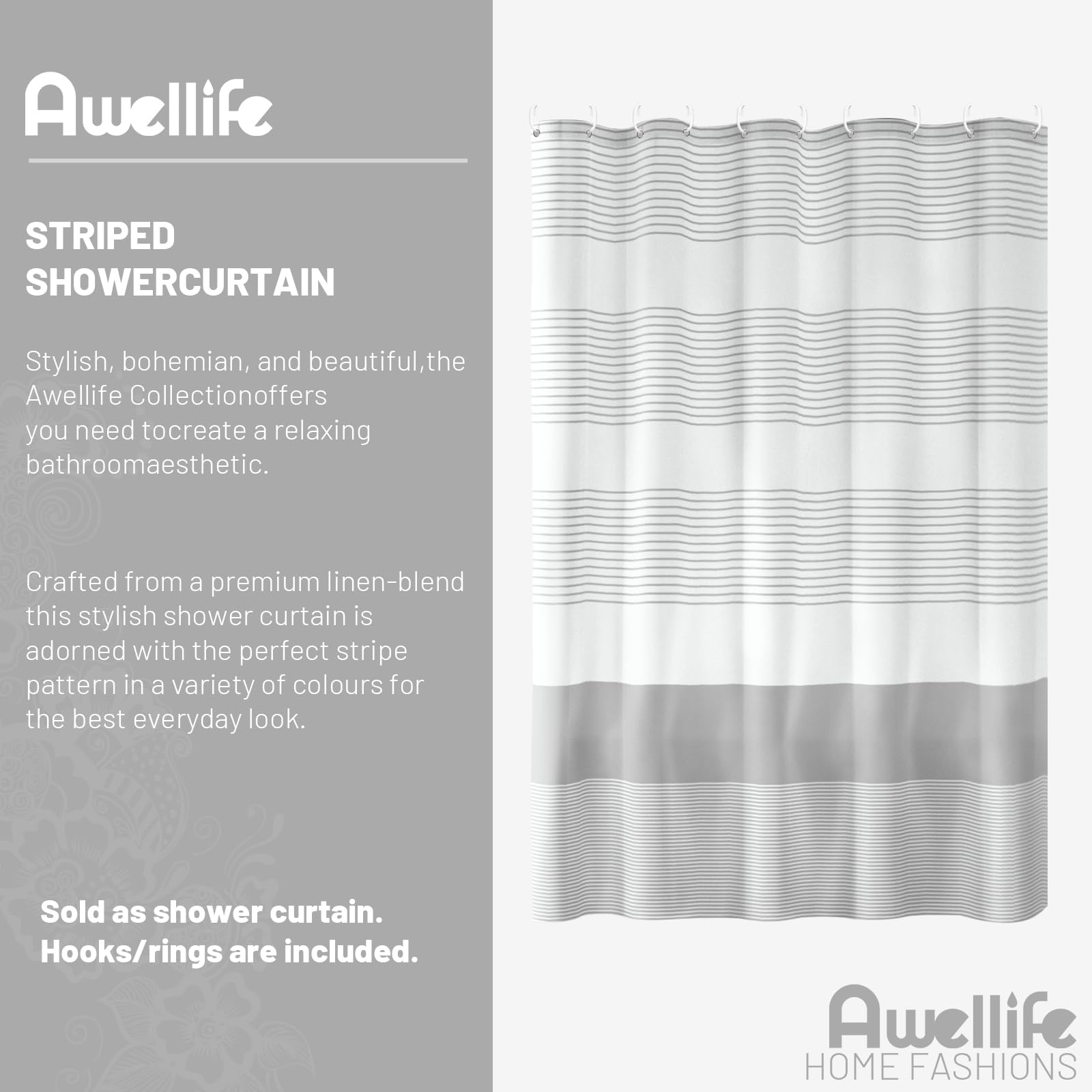 Awellife Boho Gray Shower Curtain For Bathroom Stripe Shower Curtain 72 X 72 Inches Farmhouse Linen Grey