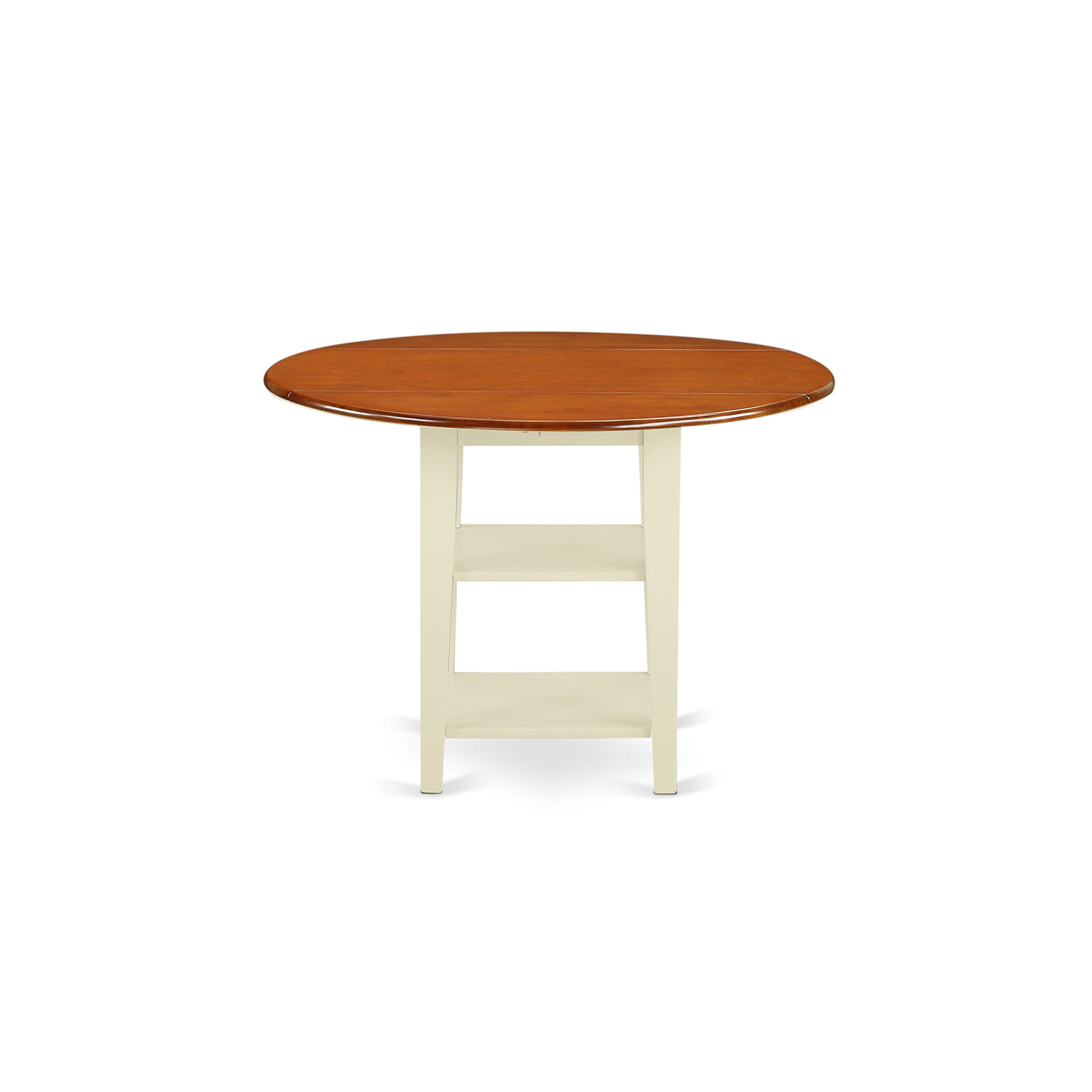 East West Furniture SUQU5-BMK-W 5 Piece Dining Room Table Set Includes a Round Kitchen Table with Dropleaf & Shelves and 4 Dining Chairs, 42x42 Inch, Buttermilk & Cherry