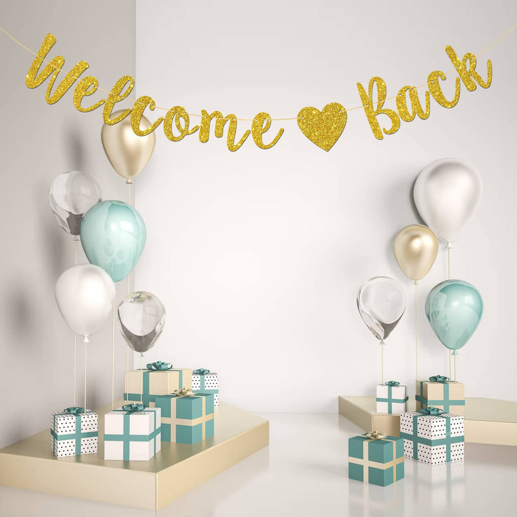 Talorine Welcome Back Banner, Home Theme Party, Back To School, Happy Retirement Party Decorations (Gold Glitter)