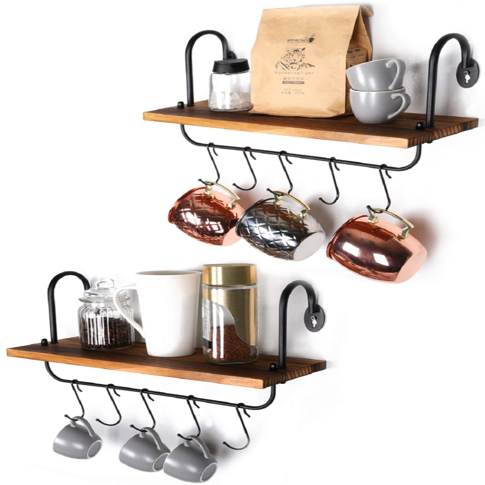 Olakee Floating Wall Shelves for Kitchen Bathroom Coffee Nook with 10 Adjustable Hooks for Mugs Cooking Utensils or Towel Rustic