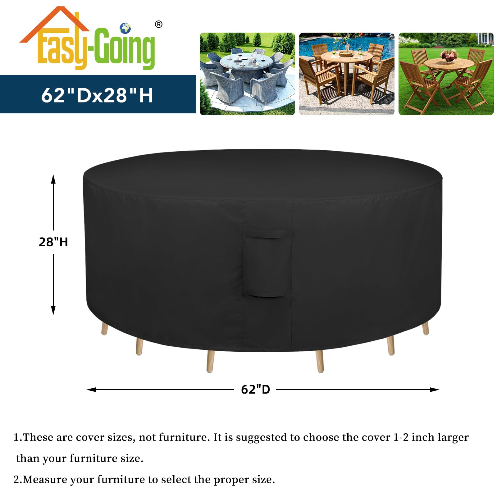 Easy-Going Round Patio Furniture Cover Waterproof Outdoor Dining Table And Chair Cover Anti-Uv Outside Sectional Sofa Set Covers (62' Dia X 28' H, Black)